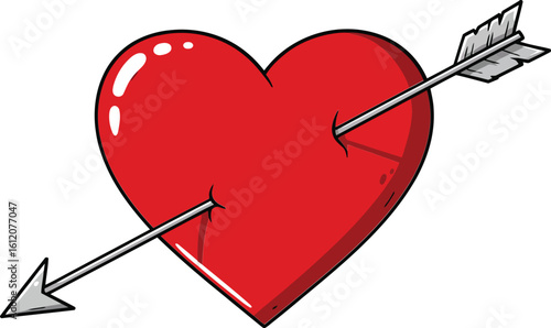 Heart pierced by arrow symbolizing love and romance with red vibrant color and simple design