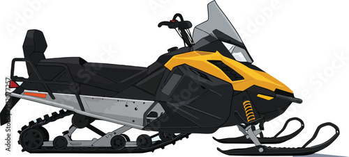 Yellow and black snowmobile vehicle for winter outdoor adventure and recreational riding