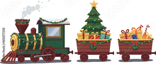 Festive Christmas train with decorated tree and gift-filled wagons in holiday celebration scene