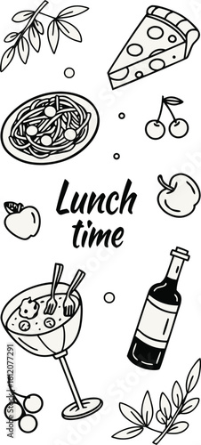 Lunch Time Doodle with Food and Drink on Transparent Background