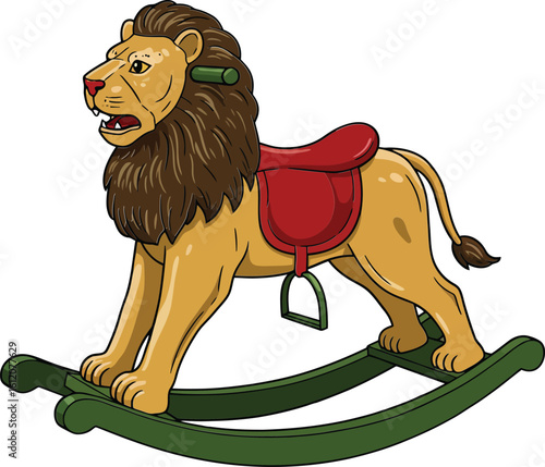 Rocking lion toy with red saddle and dark mane in classic green wooden rocker design for children playtime