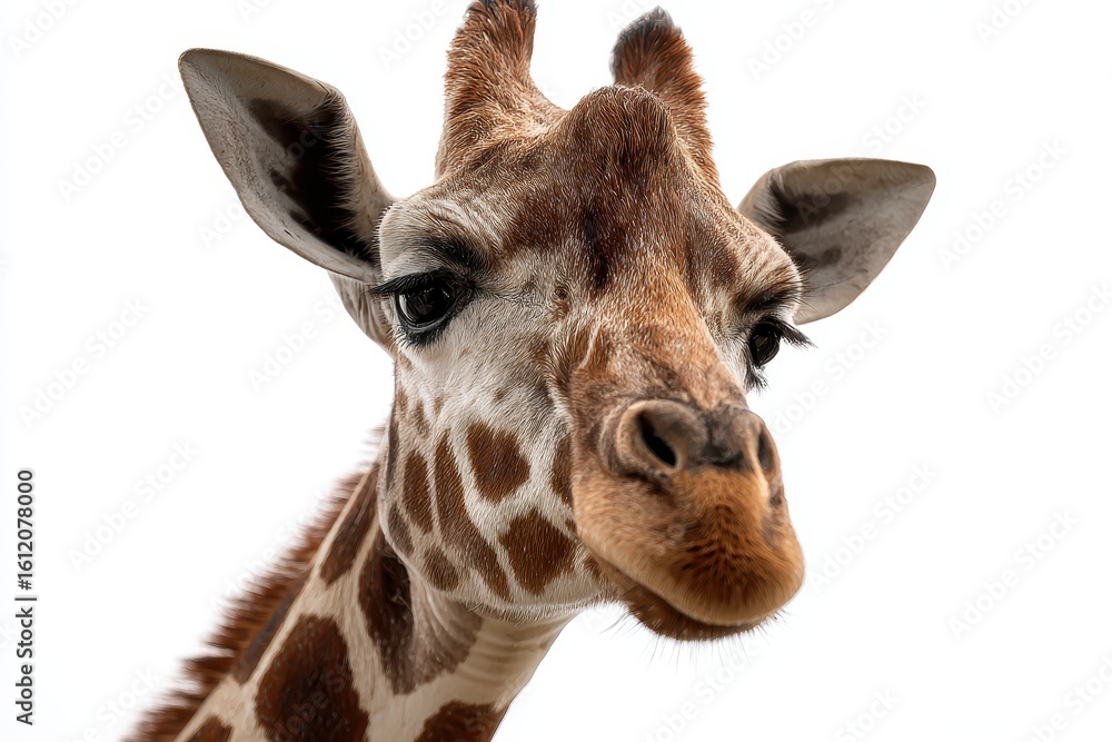 Fototapeta premium Giraffe gazing against a bright white sky in a natural setting during daylight showcasing its distinctive features and captivating expressions