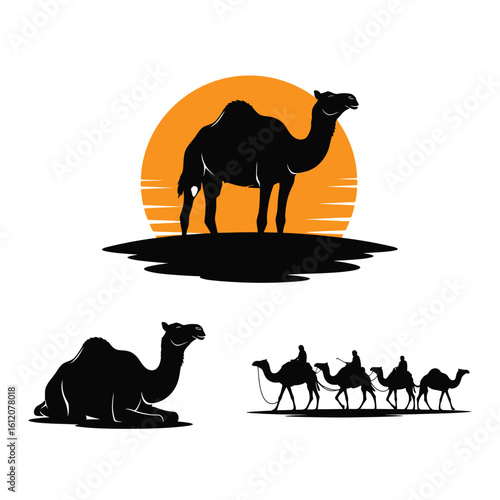 Set of 3 Dromedary Camel Silhouettes as a Desert Animal Icon Set