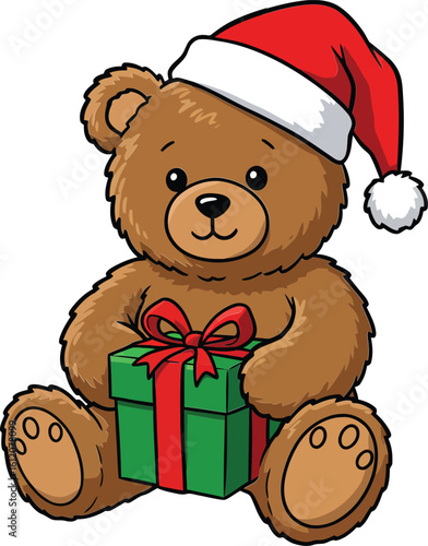 Teddy bear wearing santa hat holding green gift box with red ribbon festive holiday illustration
