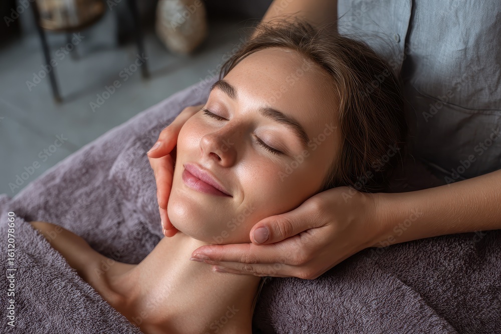 Relaxed young woman enjoys a soothing face massage in a calm spa environment during the afternoon Relaxed young woman enjoys a soothing face massage in a calm spa environment during the afternoon