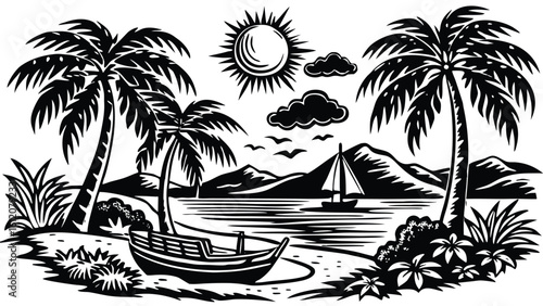 Tropical Paradise Vector Illustration Serene Beach Scene with Palms, Boat, and Sun for Vacation Vibes