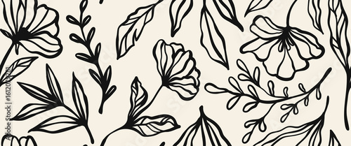 Leaves branch and Hand Drawn doodle Scribble floral plants banner, seamless pattern. Creative minimalist Abstract art background. Design wall decoration, postcard, poster or brochure