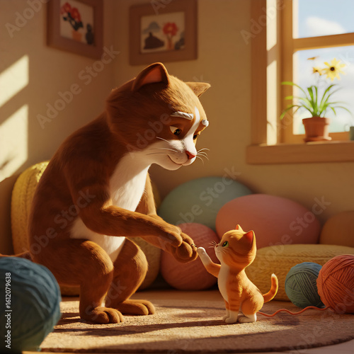 Flat vector illustration of two cats. An elderly cat and a kitty holding their hands.