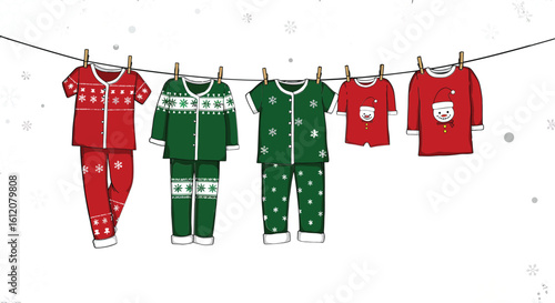 Christmas themed red and green pajamas hanging on clothesline with snowflake patterns and Santa designs