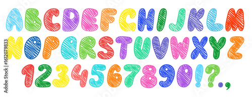 Crayon kids font, doodle funny playful alphabet. Hand drawn scribble kid typescript numbers. School wax crayon abc cute kindergarten handwriting playful letters. Colorful English alphabet and numbers