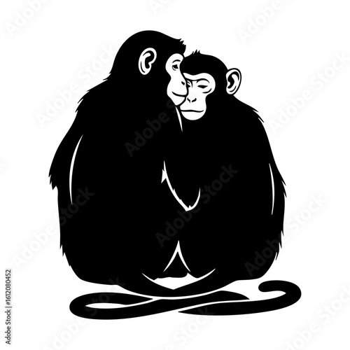 Black Monkey Couple Silhouette Vector Romantic - Love Together Primate Animal Icon