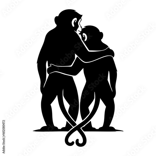 Black Monkey Couple Silhouette Vector Romantic - Love Together Primate Animal Icon