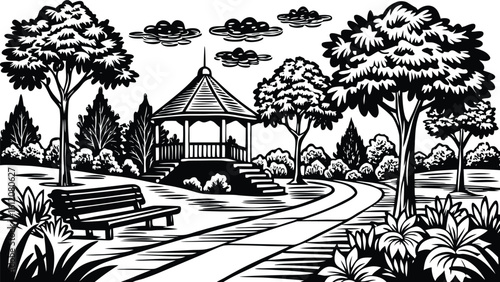 Black and white woodcut illustration of a tranquil park. Features an elegant gazebo, winding path, mature trees, and a peaceful bench, capturing timeless outdoor feel.