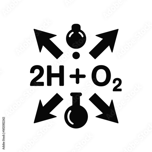 Chemical reaction formula with arrows and flasks silhouette isolated on white background