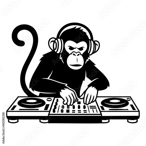 Black DJ Monkey Silhouette Vector Turntables Headphones - Music Mixing Primate Icon