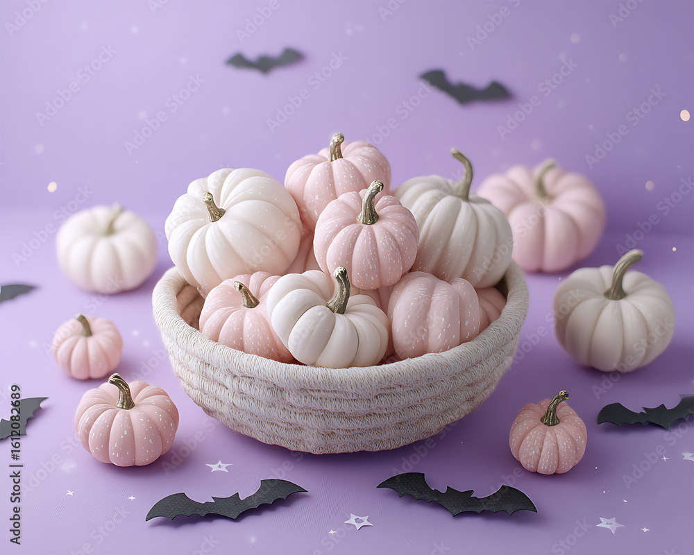 Fototapeta premium A composition of pastel pink and cream pumpkins in a soft cotton basket on a lavender background with light sequins and paper bats scattered nearby. Halloween. Autumn holiday. Carnival