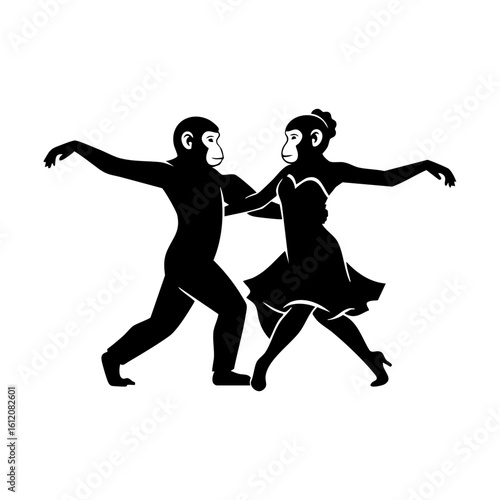 Black Monkey Couple Silhouette Vector Romantic - Love Together Primate Animal Icon