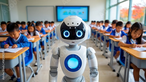 Wallpaper Mural Robot teacher in a modern classroom with attentive students learning Torontodigital.ca