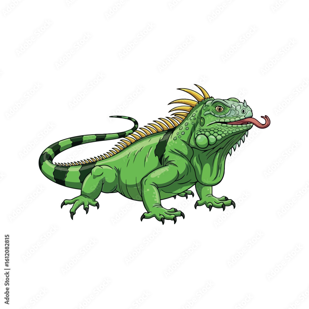 Fototapeta premium Vibrant Green Iguana Lizard with Spiky Crest and Extended Tongue Vector Sticker Art