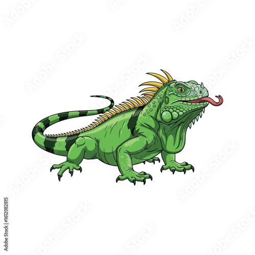 Vibrant Green Iguana Lizard with Spiky Crest and Extended Tongue Vector Sticker Art