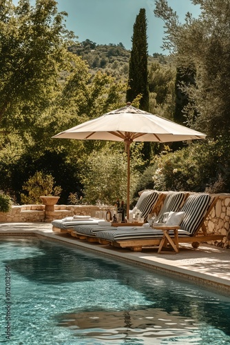 Relaxation by the Pool With Lounge Chairs and Drinks in a Serene Outdoor Sett...