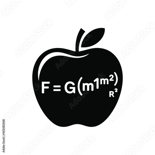 Apple silhouette with gravitational force equation isolated on white background