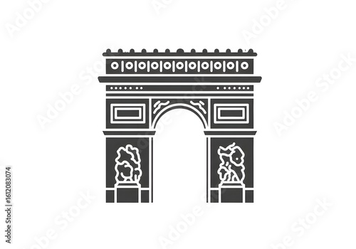 A simplified dark gray illustration of the arc de triomphe on a white background in vector format