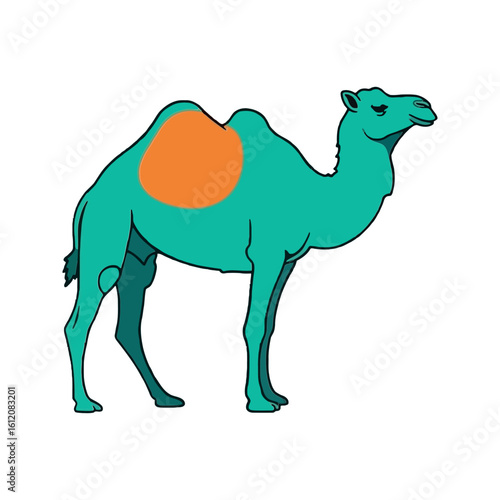 A Teal Dromedary Camel with an Orange Hump Stands Proudly Against a White Background as a Vector Sticker Illustration