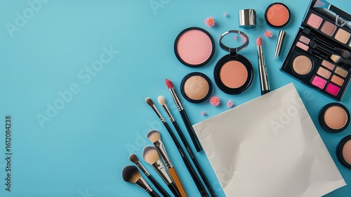 Beauty Products and Tools Arranged on a Blue Background for Makeup Applicatio...
