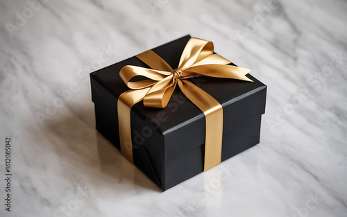 Black gift box with gold ribbon on marble surface black box