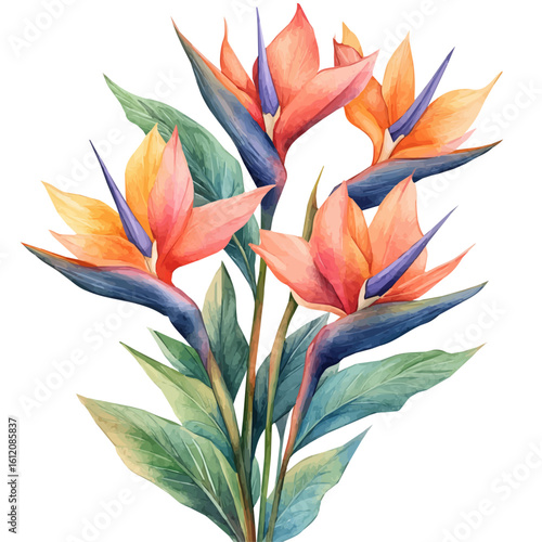 watercolor vector of Strelitzia, isolated on a white background.