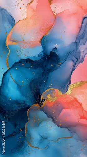 Colorful Abstract Artwork Featuring Flowing Shapes in Blue, Pink, and Gold Tones