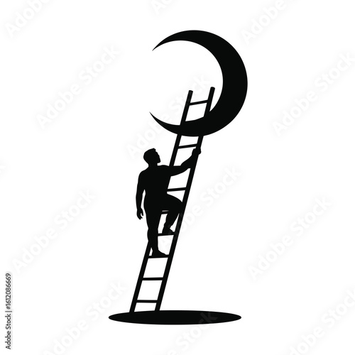 Man climbing ladder towards crescent moon silhouette isolated on white background