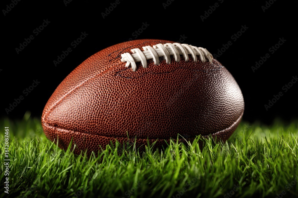 Obraz premium American football resting on vibrant green grass with a contrasting black background showcasing the texture and craftsmanship of the sport