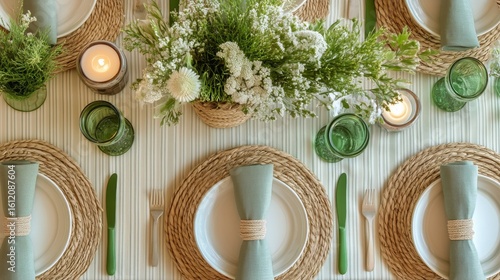 Elegant Table Setting With Green Decor for a Special Gathering in a Cozy Dini...