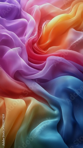 Vibrant Silk Fabric With Flowing Colors in a Rich Gradient Resembling a Sunse...