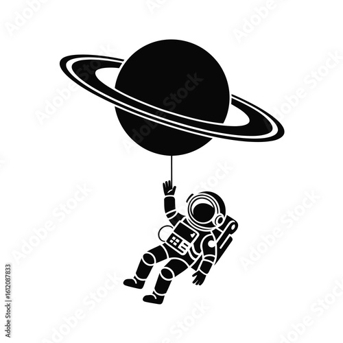 Astronaut floating holding onto saturn silhouette isolated on white background