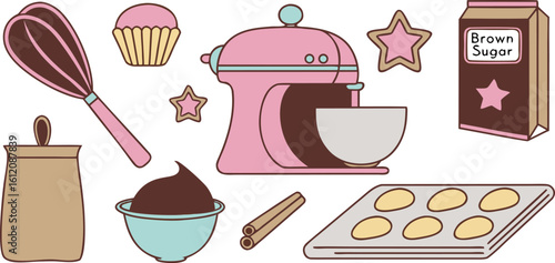 Pastel Baking Illustration with Mixer and Treats on Transparent Background