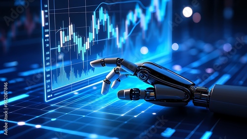 Robotic hand interacting with a futuristic financial data display