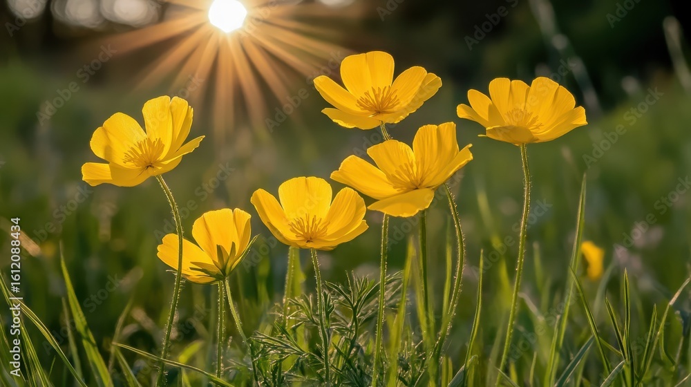 Fototapeta premium Sunlit Yellow Flowers Blooming in a Green Meadow Under Sunrise