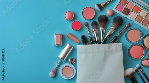Colorful Assortment of Makeup Products and Brushes Arranged on a Bright Blue ...