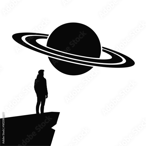 Silhouette of a person looking at saturn isolated on white background