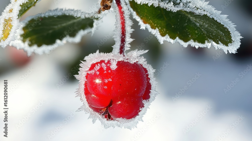 Obraz premium Frosty Red Berry on Branch with Icy Crystals in Winter Season