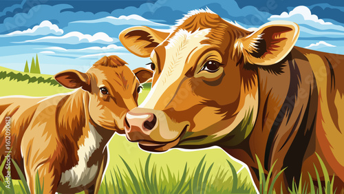 very Beautiful  close up Tender moment between a cow and her calf in a field. white background 