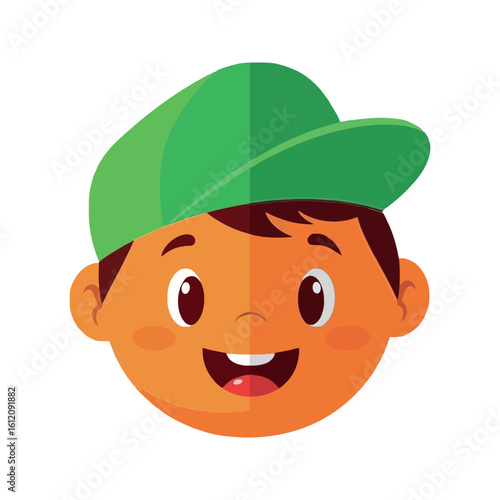 Joyful Young Boy with Green Baseball Cap Smiling Brightly Enjoying a Sunny Day Outdoors