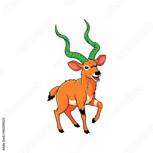Cartoon Orange Antelope with Green Spiral Horns Trotting Gracefully in a Field Wildlife Illustration