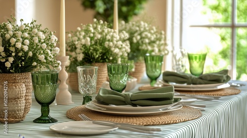 Elegant Dining Table Arrangement With Greenery and Soft Lighting in Bright Se...