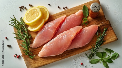Fresh Chicken Breasts Arranged With Lemon and Herbs on a Wooden Cutting Board...