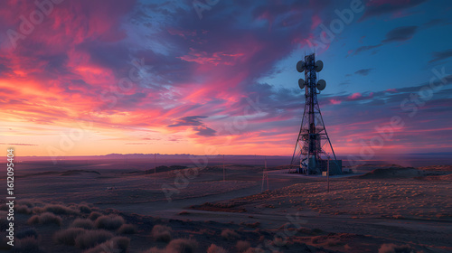 radio transmitter  tower at sunset in desert