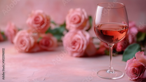 Romantic Setting With Pink Roses and a Wine Glass During Evening Celebration.